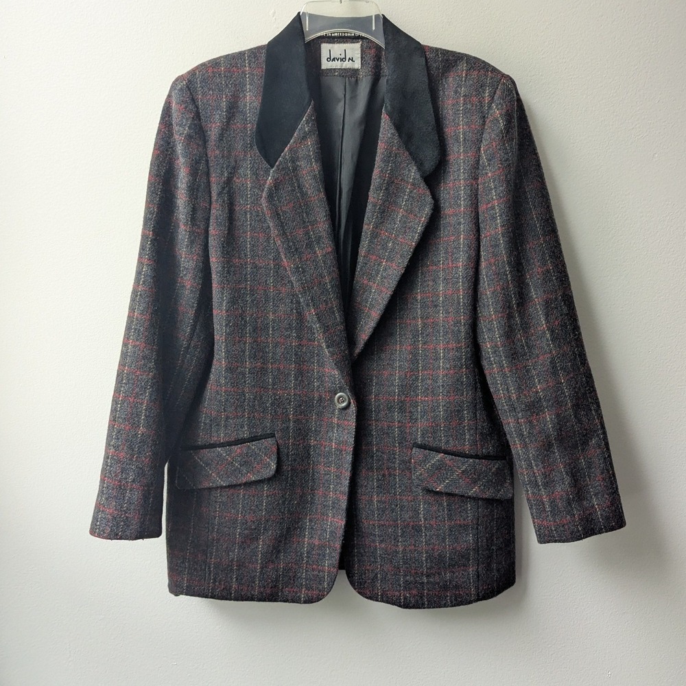 Vtg Blazer Grey Red Plaid Velvet Collar Sz M Dark Academia Whimsigoth Preppy